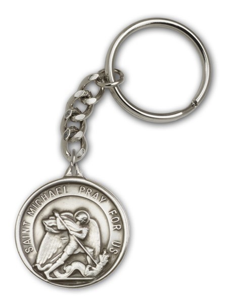 Double Sided St. Michael the Archangel and Guardian Angel Key Chain - Antique Silver