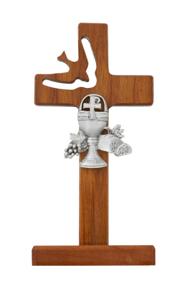 Dove and Chalice First Communion Standing Cross 6 Inches - Brown