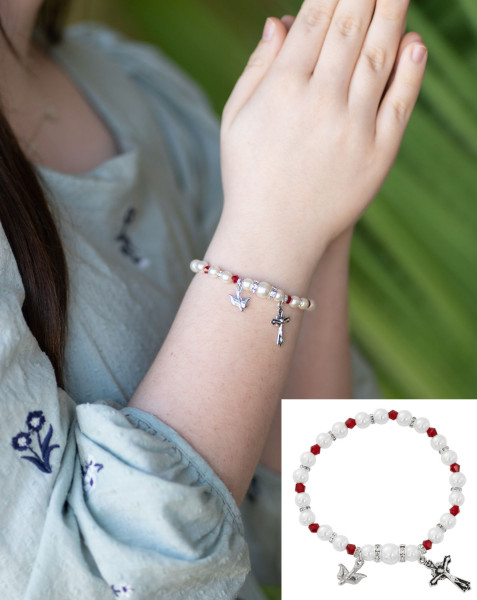Dove and Crucifix Stretch Confimation Bracelet - Red