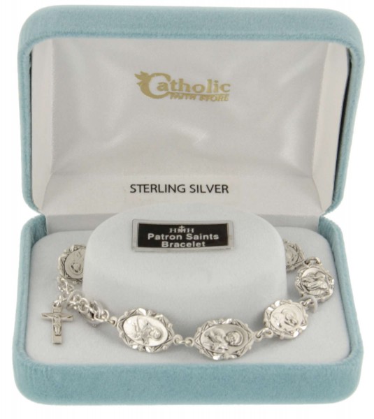Eight Saints Sterling Silver Charm Bracelet with Crucifix - Sterling Silver