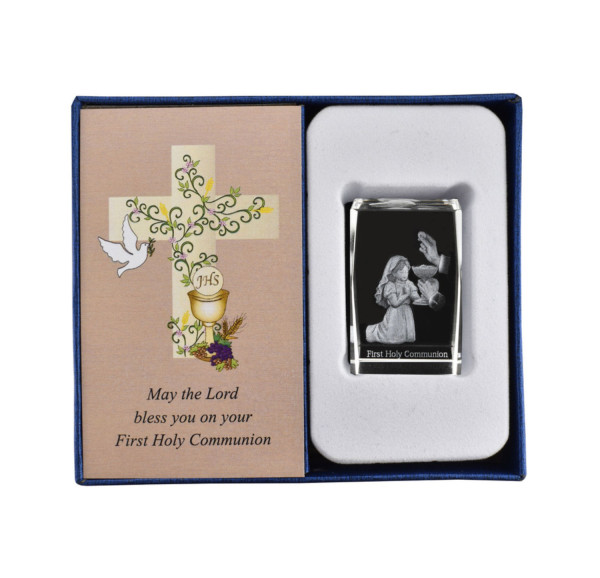 Etched Glass Girls First Communion Keepsake Paperweight - Clear