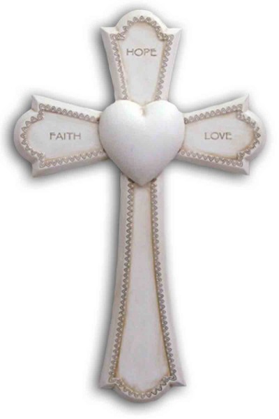 Faith, Hope and Love Cross, Antiqued Resin - 7 1/4 inch - Antique White Finish