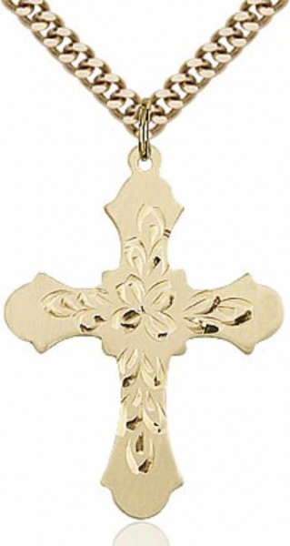 Fancy Hand Etching Cross Pendant - Gold Filled