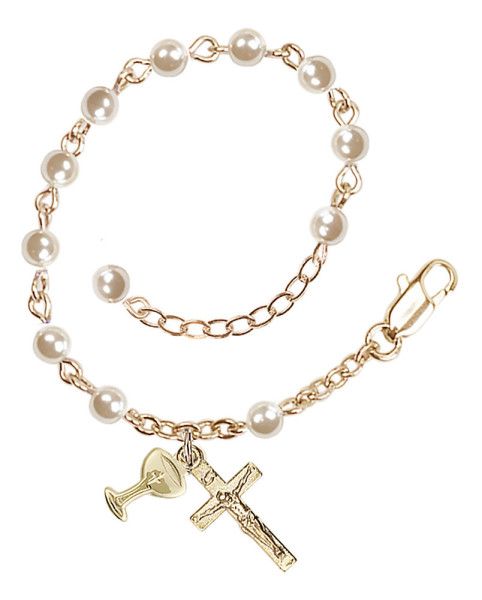 Faux Pearl Chalice and Crucifix First Communion Bracelet - Gold Plated