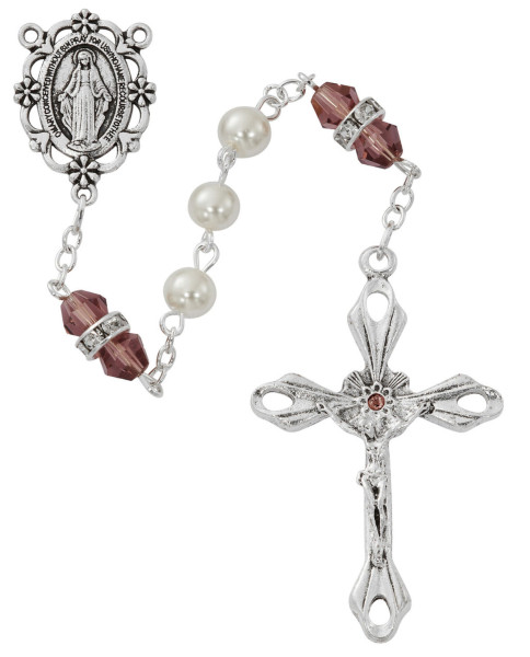 February Birthstone Rosary Amethyst Pearl Glass - Amethyst
