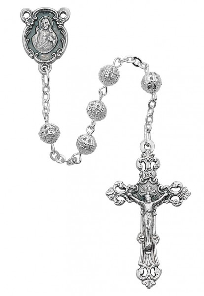 Filigree Bead Rosary with Sacred Heart Center - Silver