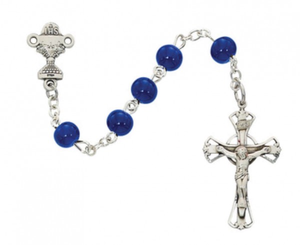 First Communion Blue Glass Rosary with Sterling Silver - Blue