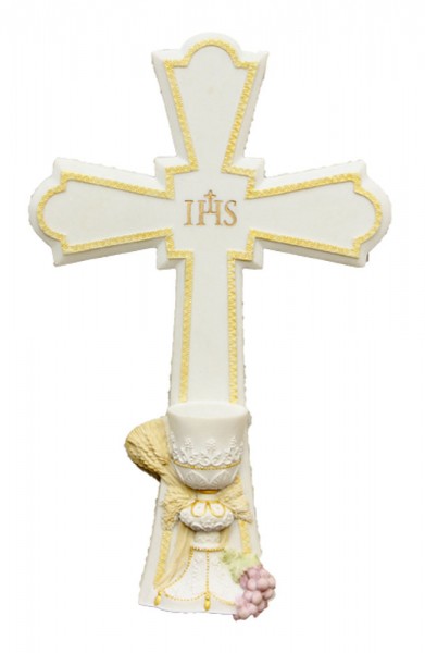 First Communion Cross, White &amp; Pastels - 7 1/4 inch - White