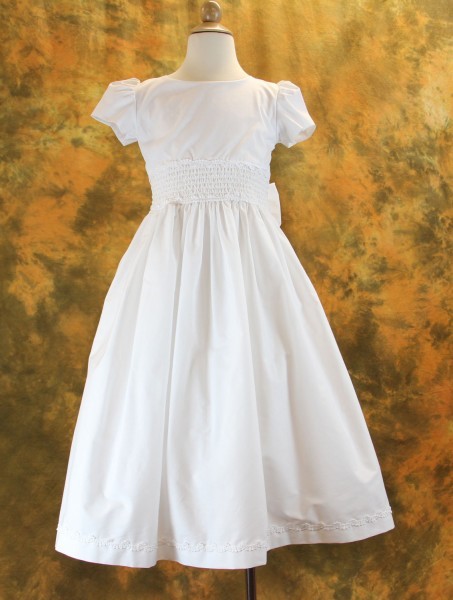 First Communion Dress Cotton Blend with Smocked Waist - White