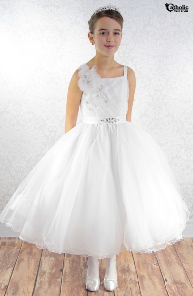 First Communion Dress with Flower Brooch, Size 8 - White