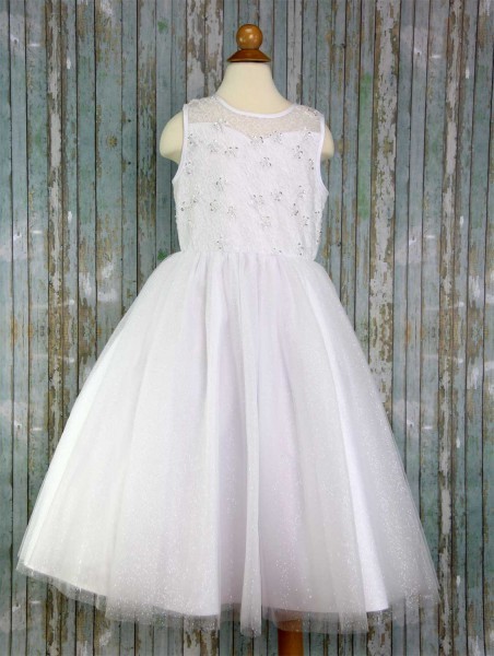 First Communion Dress Lace Floral Bodice - White