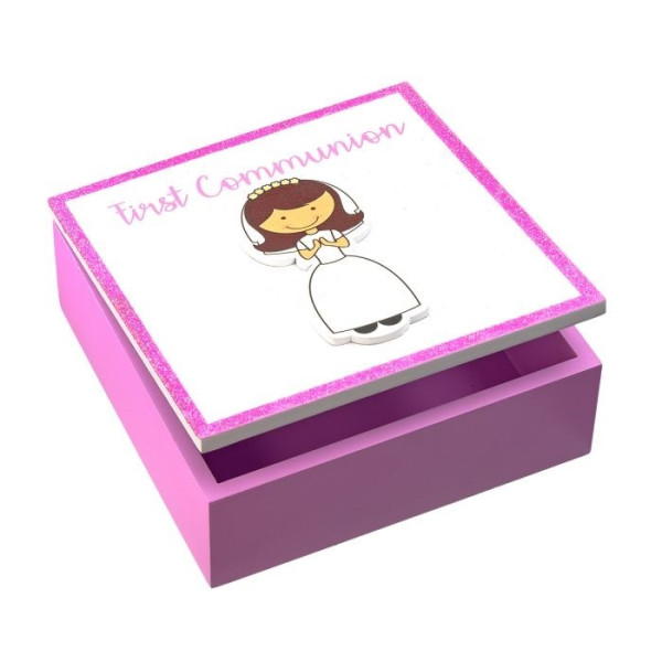 First Communion Keepsake Box for Girl with Glitter Outline - Pink