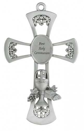 First Communion Pewter Chalice Wall Cross - Silver