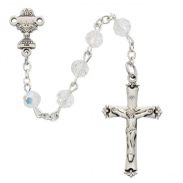 First Communion Rosary with Crystal Aurora Borealis Beads - Crystal | Sterling Silver