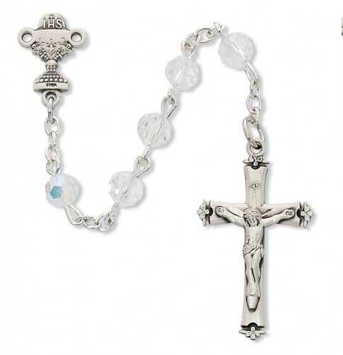 First Communion Rosary with Crystal Aurora Borealis Beads - Crystal | Rhodium