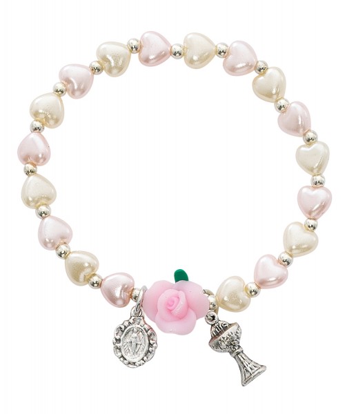 First Communion Stretch Rose and Miraculous Bracelet - Pink