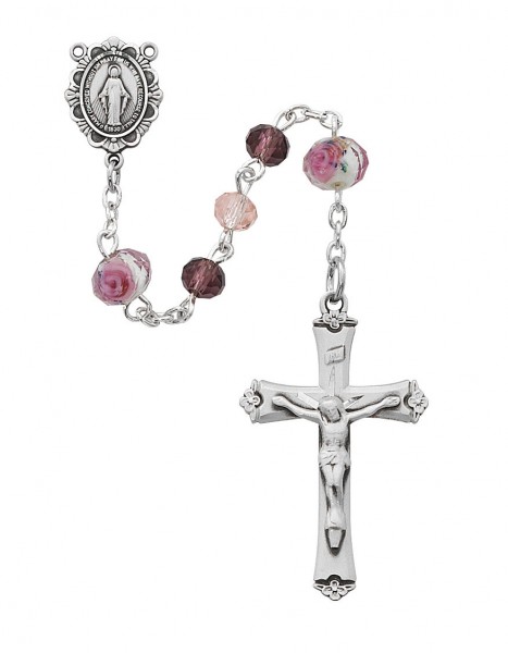 Floral Accent Pink Crystal Rosary - Pearl White