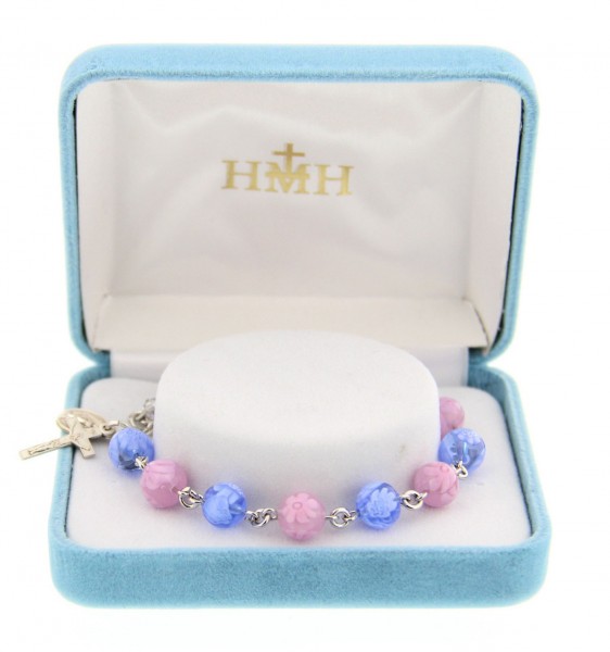 Flower Venetian Glass Rosary Bracelet, Sterling Silver - Pink | Blue