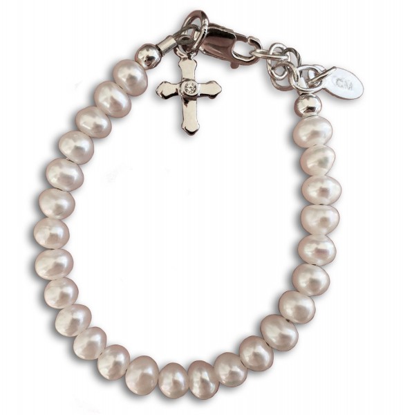Freshwater Pearl and Cross Baptism Bracelet - Pearl White