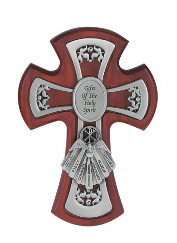 Gifts of the Holy Spirit Cherry Stained Cross 6 Inch - Cherry Wood