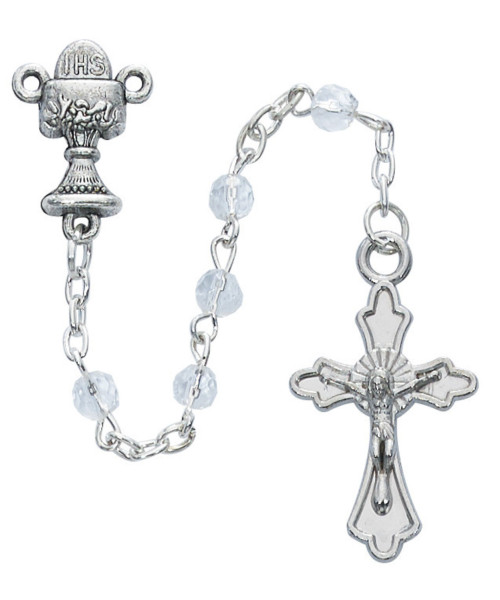 Giirls Crystal First Communion Rosary with Cross Box - Clear