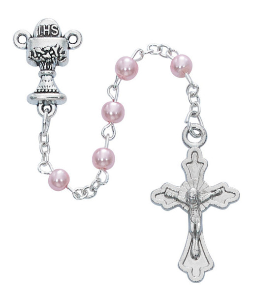 Girls Pink Bead First Communion Rosary with Cross Box - Pink