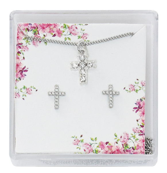 Girls Crystal Cross Earrings Pendant Set - Silver-tone