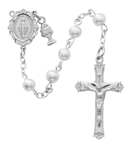 Girls Dangling Chalice Charm First Communion Rosary - Pearl White