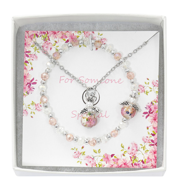Girls Flower and Angel Bracelet and Necklace Gift Set - Pink