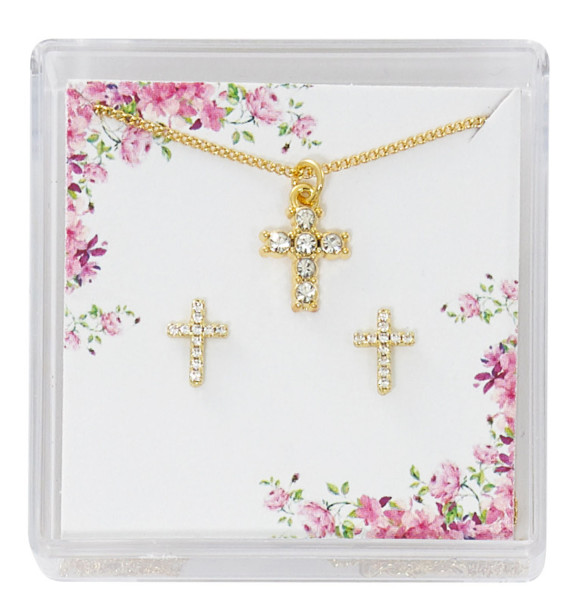 Girls Gold Plated Crystal Cross Earring Pendant Set - Gold Plated