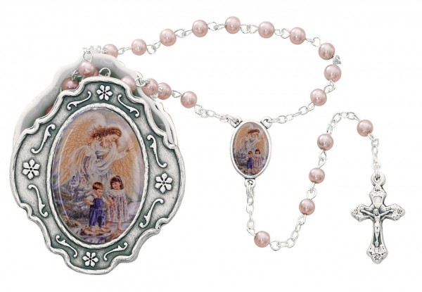 Girl's Guardian Angel Pink Rosary with Rosary Box - Pink