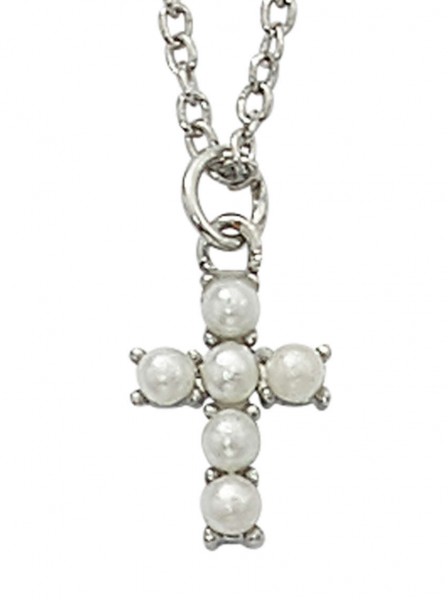 Girls Imitation Pearl Cross Necklace - Pearl White