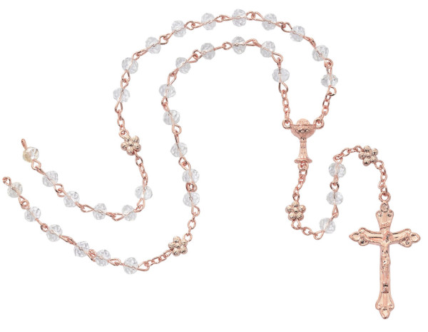 Girls Immitation Rose Gold First Communion Rosary - Clear