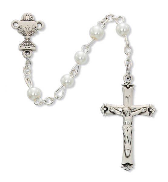 Girls Pewter First Communion Faux Pearl Rosary - Pearl White