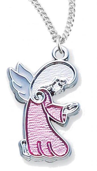 Girl's Pink Enamel Praying Angel Pendant - Pink | Silver