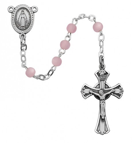 Girl's Rosary with 3mm Pink Glass Beads - Pink
