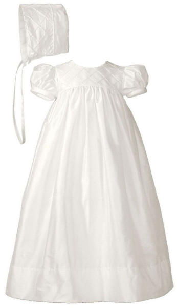 Girls Silk Dupioni Dress Baptism Gown with Lattice Bodice - White