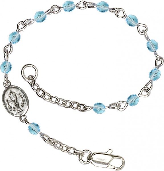 Girls Silver Chalice First Communion Bracelet 4mm Crystal Beads - Aqua