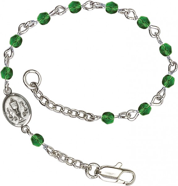Girls Silver Chalice First Communion Bracelet 4mm Crystal Beads - Emerald Green