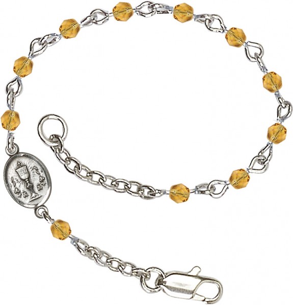 Girls Silver Chalice First Communion Bracelet 4mm Crystal Beads - Topaz