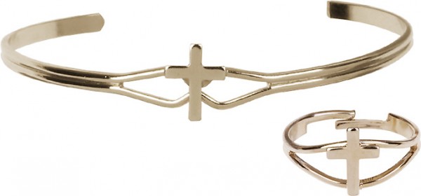 Girls Cross Bracelet and Ring Set Silver or Gold Plated - Gold