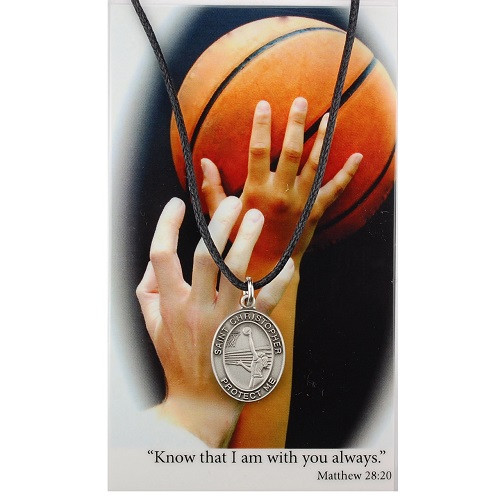 Girl's St. Christopher Basketball Medal with Leather Cord and Prayer Card - Silver-tone