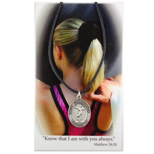 Girl's St. Christopher Gymnastics Medal with Leather Cord and Prayer Card - Silver-tone