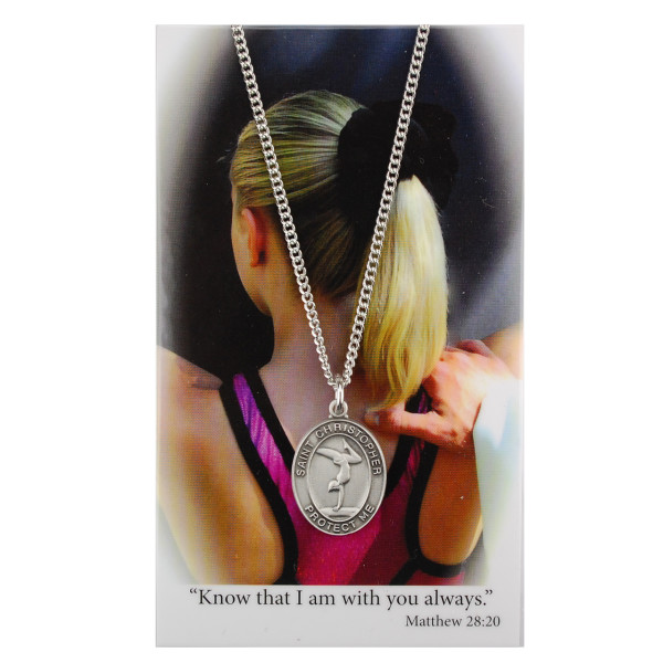 Girl's St. Christopher Gymnastics Medal Necklace and Prayer Card - Silver-tone