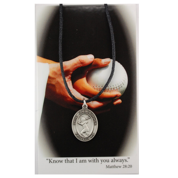 Girl's St. Christopher Softball Medal Leather Cord Necklace and Prayer Card - Silver-tone