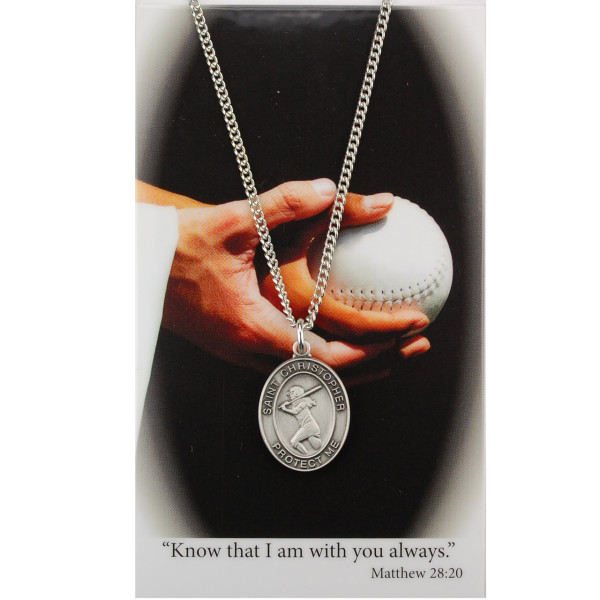 Girl's St. Christopher Softball Medal Necklace and Prayer Card - Silver tone