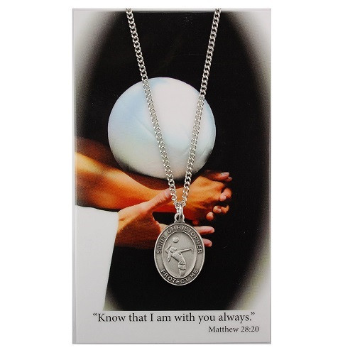 Girl's St. Christopher Volleyball Medal with Chain and Prayer Card - Silver-tone