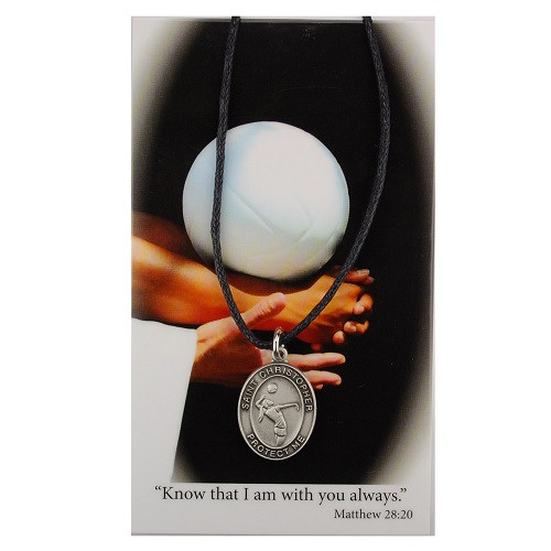 Girl's St. Christopher Volleyball Medal with Leather Cord and Prayer Card - Silver-tone