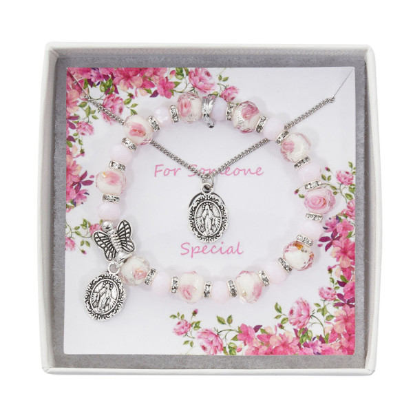 Girls Venetian Glass Stretch Bracelet Pendant Set - Pink | White | Silver