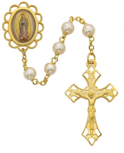 Gold Plated Our Lady of Guadalupe Rosary - White